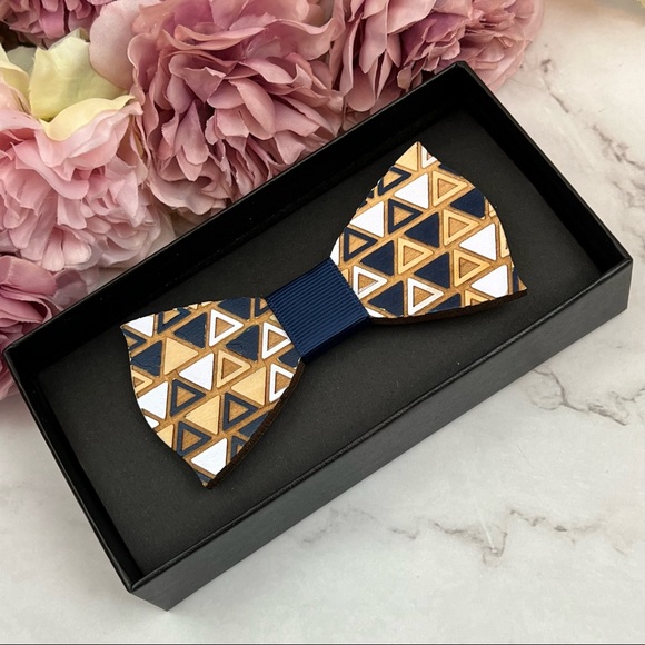 Hand Crafted Blue and White Geometric Wood Butterfly Bow Tie - Picture 12 of 16